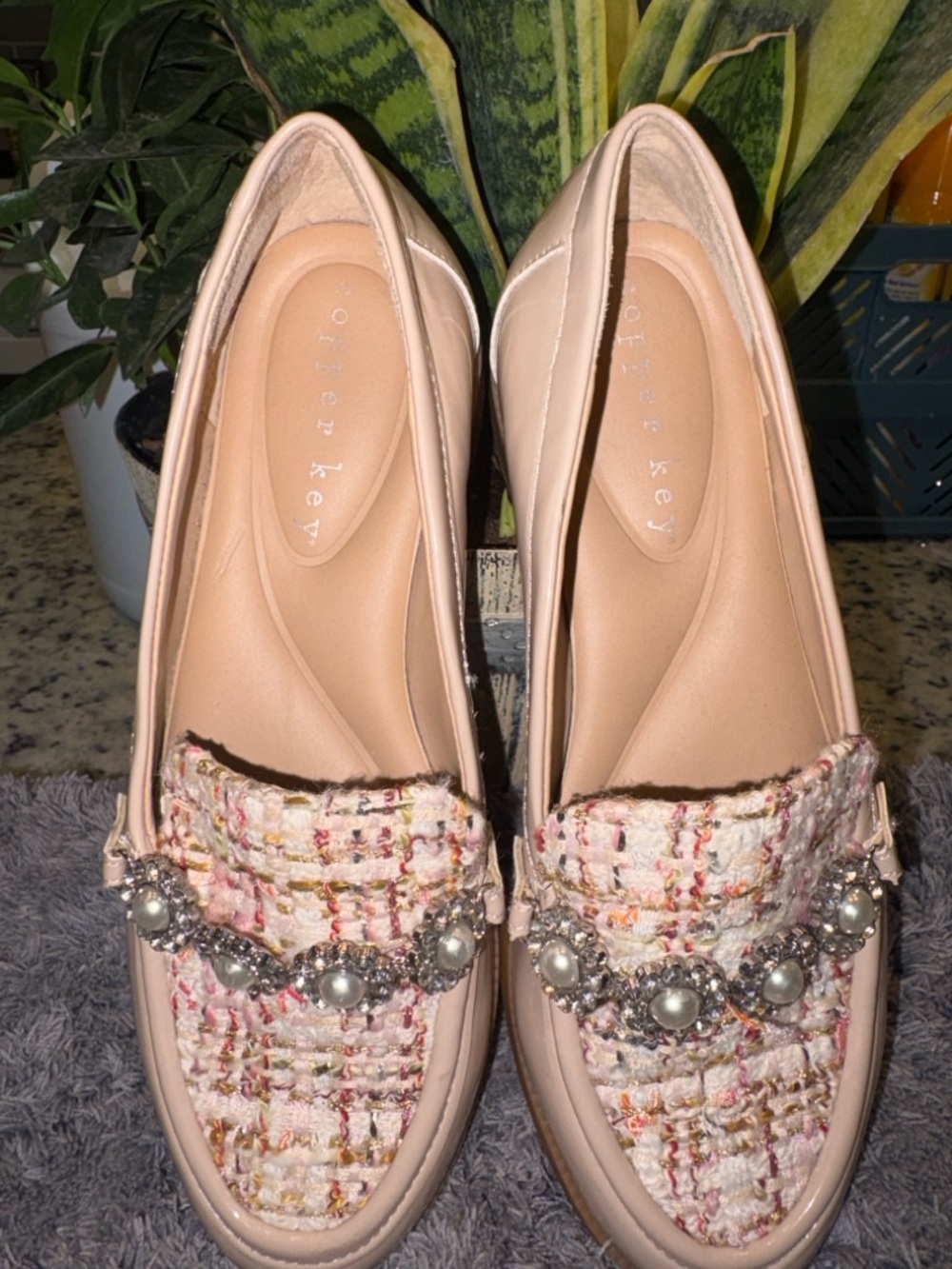 Copper Key Pink Tweed Pearl-Embellished Loafers